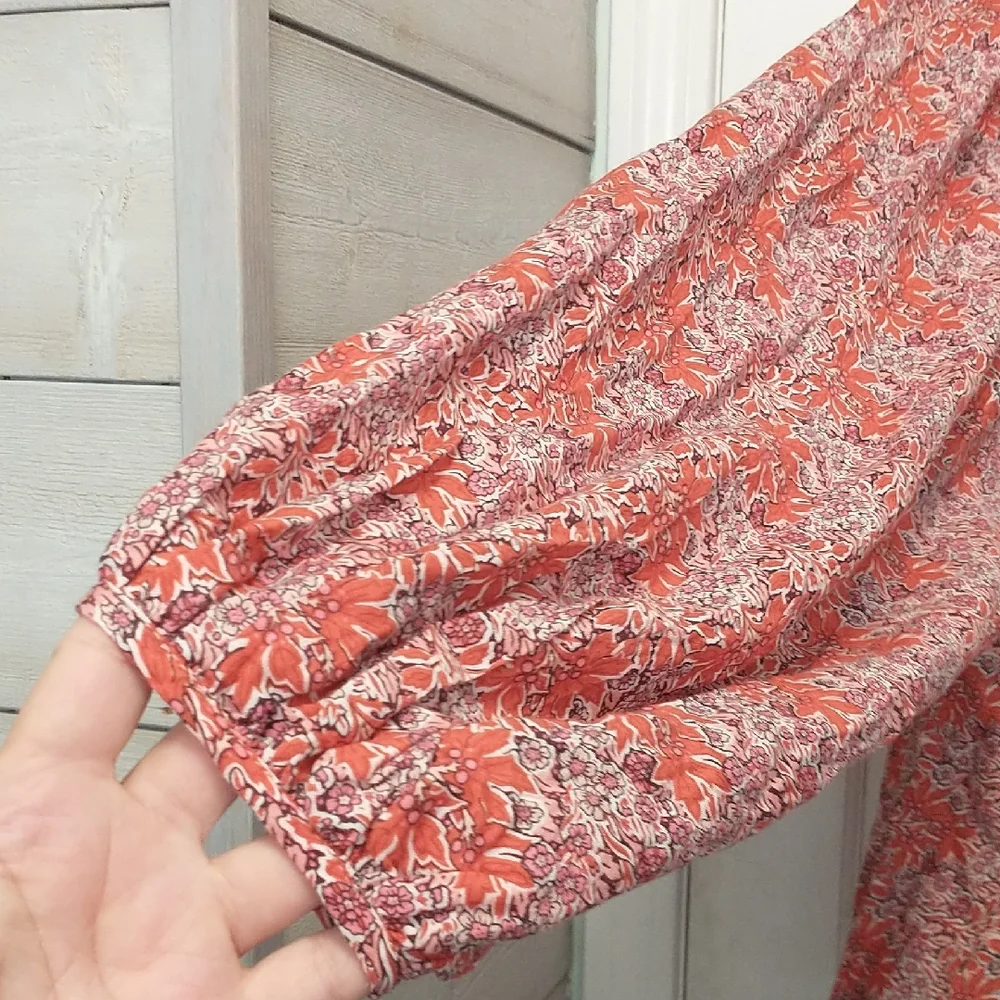 Anthropologie Orange Floral V-Neck Peasant Blouse - Picture 4 of 6